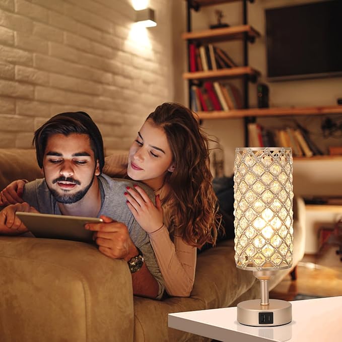Crystal Table Lamp with USB C+A Ports, 3 Way Dimmable Touch Lamp with Crystal Shade, Champagne Gold Bedside Nightstand Small Lamp for Living Room Bedroom Home Office