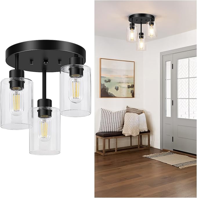 Farmhouse Flush Mount Ceiling Light, Black 3-Light Hallway Light Fixtures Ceiling with Clear Glass Shades, Light Fixtures Ceiling Mount for Kitchen Living Room Foyer, E26 Base