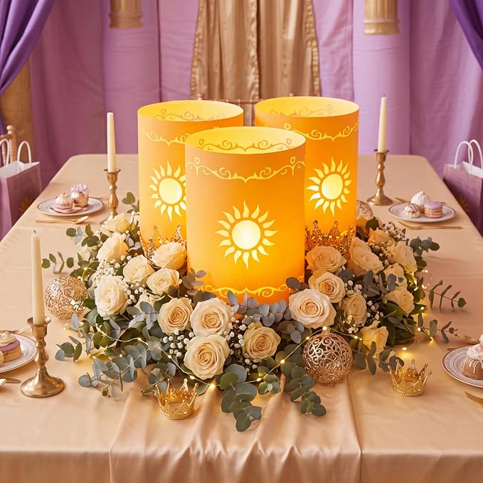Fuyoooo 20 Set Paper Sun Lantern with LED Candles for Centerpieces LED Tea Lights with Paper Bags Battery Operation for Princess Wedding Party, Halloween, Christmas Decoration(Yellow,Sun)