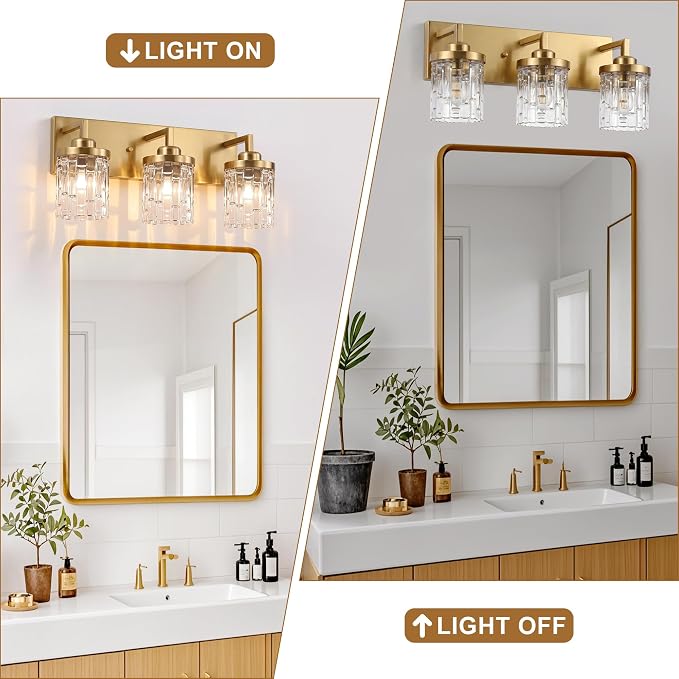 maesta Gold Bathroom Light Fixture,3 Light Modern Vanity Light Over Mirror | Modern Vanity Light, Gold Metal & Crystal Glass Fixture, Anti-Rust, Easy to Install for Bathroom Hallway Bedroom Entryway