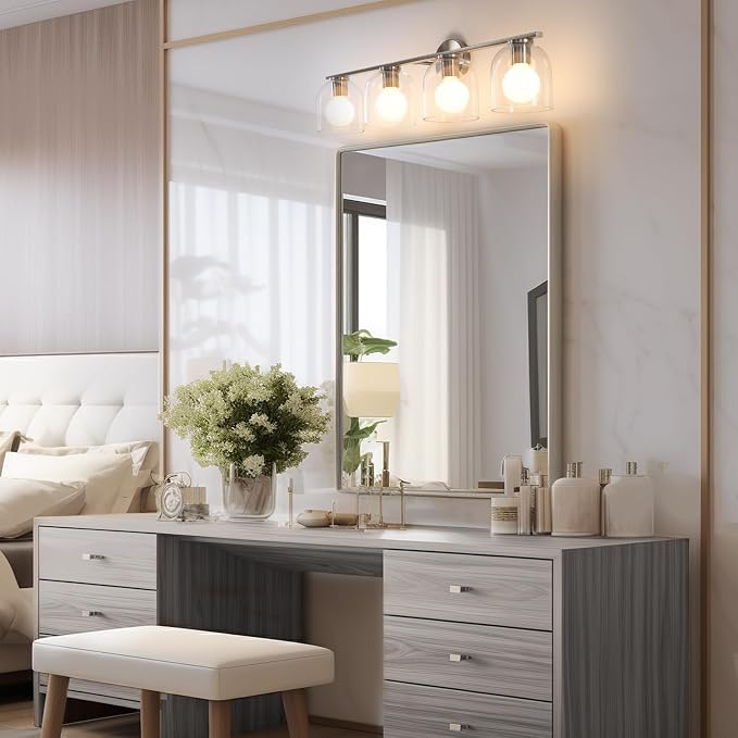 WOSHITU Bathroom Vanity Light Fixtures: 32.3 Inch Modern Brushed Nickel Bathroom Vanity Lights Over Mirror with Clear Glass Shade, 4-Light Bathroom Light Fixture Wall Lights Over Mirror