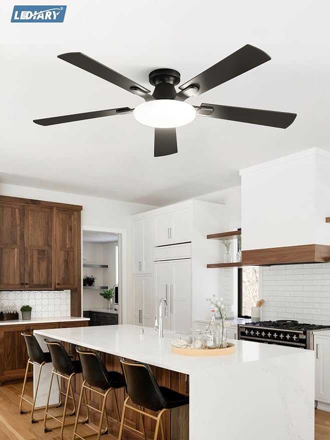 LEDIARY 52 Inch Flush Mount Ceiling Fans with Lights, Remote & APP Control | Bright Light, 3CCT, Memory Function, Timer, Reversible Blade, Quiet DC Motor, Damp-Rated, Living Room, Bedroom, Covered Patio