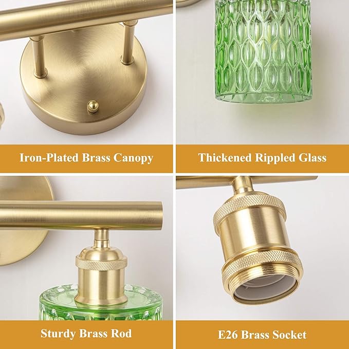 Bathroom Vanity Light, Gold Wall Fixture Over Mirror, Green Glass Shade Lighting with Bulbs Included for Bedroom & Living Room,2-Lights