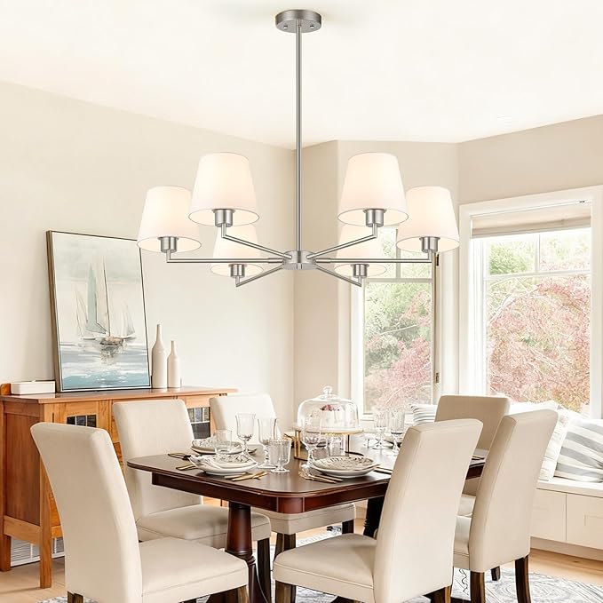 36" Brushed Nickel Dining Room Light Fixture, No Assembly Required 6-Lights Kitchen Chandelier for Dining Room with White Fabric Shade, Chandelier Ceiling Light Fixture for Kitchen Bulb Not Included