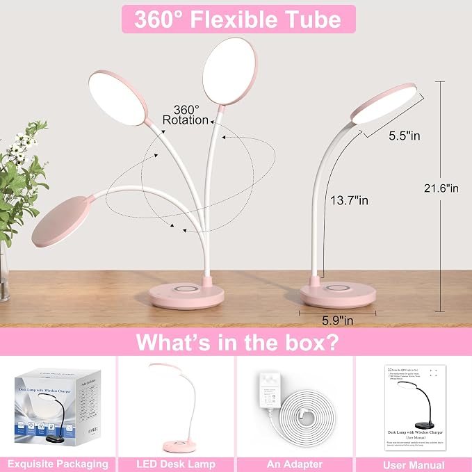Pink Desk Lamp, Cute Desk Lamp for Girls, Wireless Charger, Dorm | 3 Color Modes, Stepless Dimming Desk Light, 360°Flexible Neck Table Lamp for Bedside Reading, Kids Room, with Adapter
