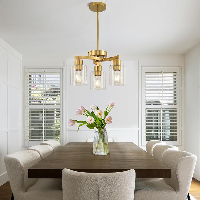 3 Light Brass Gold Dining Room Chandelier, Modern Industrial Pendant Light for Kitchen Island, Adjustable Height Hanging Ceiling Light Fixture with Clear Glass Shades,E26 Base,Dimmable
