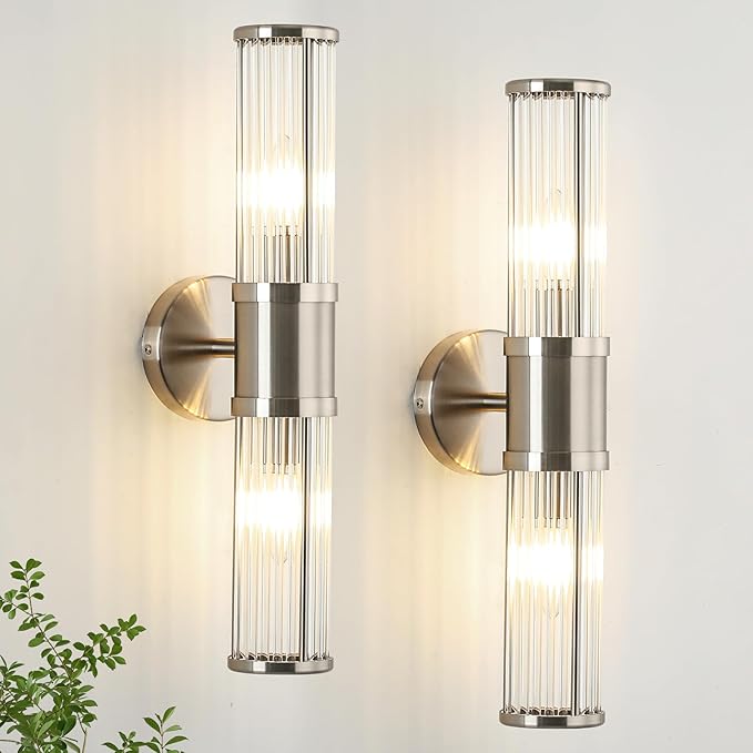 Dual Sconce Vanity Set, Brushed Nickel Wall Light with Clear Glass Rods Shape, Industrial Vanity Lighting for Bathroom Mirror and Modern Bedroom