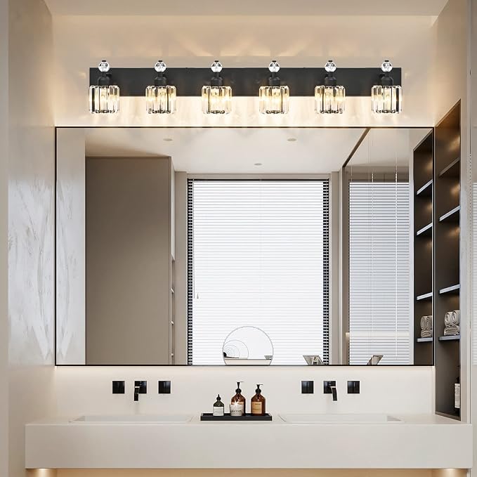 PRESDE 6-Light Crystal Bathroom Lights Fixtures Modern Matte Black Bathroom Lights Fixtures Over Mirror Bath Wall Lighting