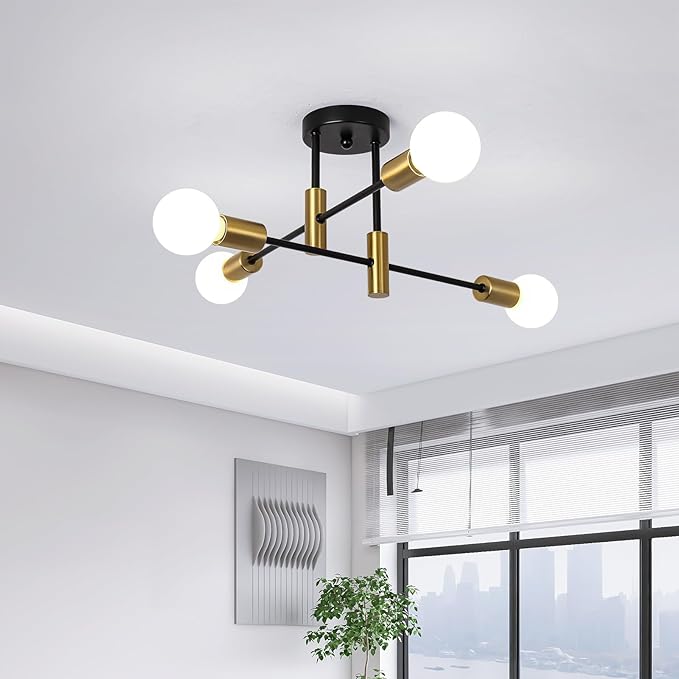 Garwarm Semi Flush Mount Ceiling Light Fixture,4-Light Gold and Black Modern Sputnik Chandelier, mid Century Light Fixture for Kitchen Dining Room Bedroom Foyer Entryway Hallway Closet