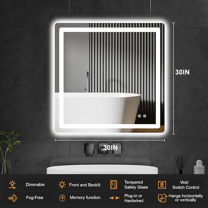 LED Bathroom Vanity Mirror with Lights, 30"x30" Lighted Wall Mirror | Front and Backlit, Anti Fog, Dimmable 3 Color Lighting, Memory Function, Shatterproof Glass, Plug in or Hardwired