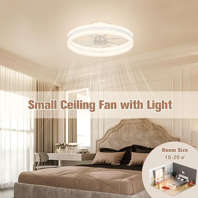 VOLISUN Fandelier Ceiling Fans with Lights and Remote, 15.7in Low Profile Ceiling Fan Flush Mount, 3000K-6500K Dimmable Bladeless LED Fan Light, White Modern Ceiling Fans with Lights for Bedroom
