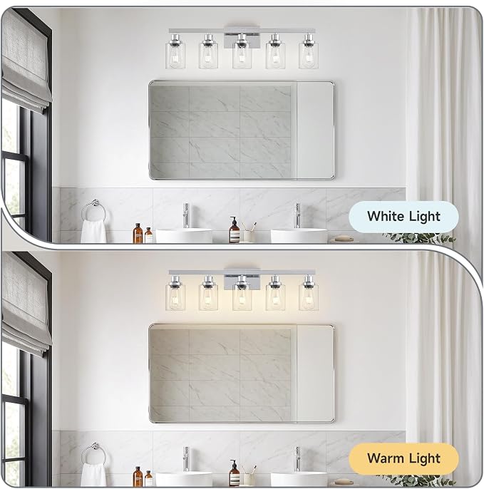 DIKADIA 5-Light Chrome Bathroom Vanity Light Over Mirror 30" Bathroom Light | Polished Chrome,Modern Vanity Lighting Fixture,Farmhouse Wall Sconces with Clear Glass Shade,Wall Light Over Mirror Sink