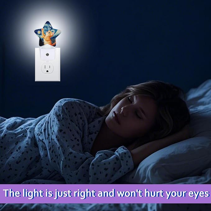 Cute Cat Night Lights Plug Into Wall,Blue Starry Sky Dusk to Dawn Light Sensor Night Light for Kids, Energy Efficient Sleep Friendly Lamp for Bedroom Bathroom Nursery