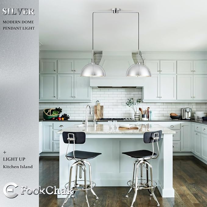 Silver Dome Pendant Light 2 Light Socket Large Pendant Light Fixture with Adjustable Pendant Cord Modern Pendant Lighting for Kitchen Island Dining Room Kitchen Sink