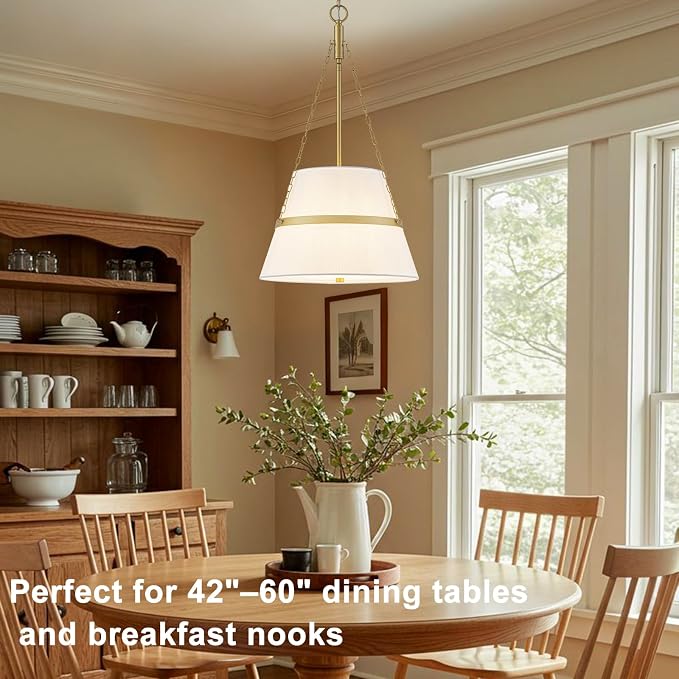 15.35" Gold Drum Chandelier, White Linen Pendant Light for Kitchen Island | Modern Transitional, 4-Light, 3 Side Chains, for Dining Room, Breakfast Nook, Home Office, Adjustable Chain 15.35"W x 28.35"H