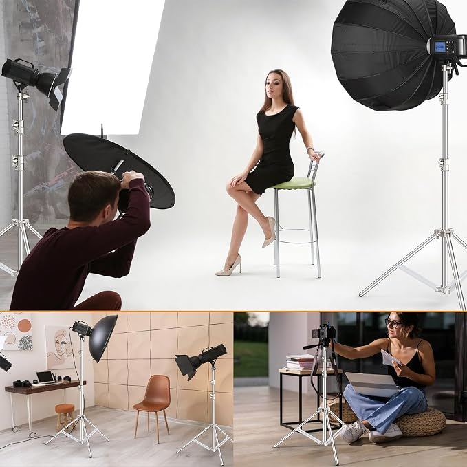 9.2 FT Stainless Steel Photography Stand, Heavy Duty Tripod With 1/4" to 3/8" Screw Adapter for Strobe, LED Video Light, Ring Light, Monolight, Softbox
