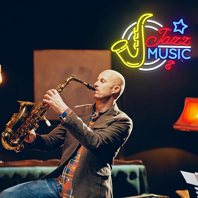 Jazz Music Neon Sign for Wall Decor Dimmable Saxophone Led Sign for Music Studio Vintage Jazz Neon Light for Recording Room Live Show Bar Man Cave Club Party Retro Home Decoration