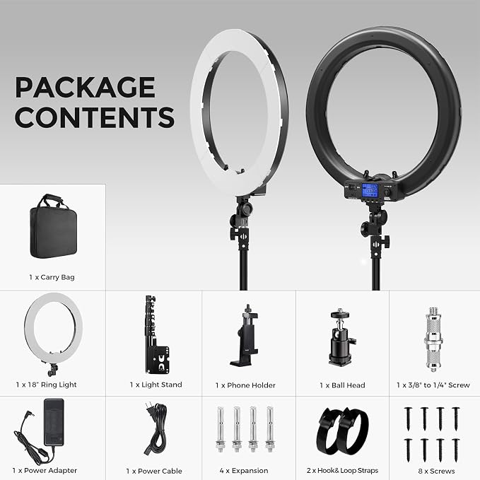 18 Inch Ring Light with Wall Mount Stand, Bi-Color LCD Display 55W 3000-5800K CRI≥97 Light Ring for Video Recording/Photography/Beauty Shop/Tattoo/Barber