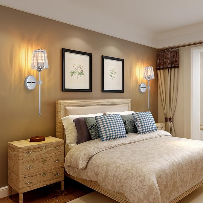 Battery Operated Crystal Wall Sconce Set of 2, Chrome Wireless Wall Sconce with USB Rechargeable LED Light Bulbs 12 Colors Dimmable Crystal Wall Lamp with Remote for Bedroom Living Room Bulbs Included