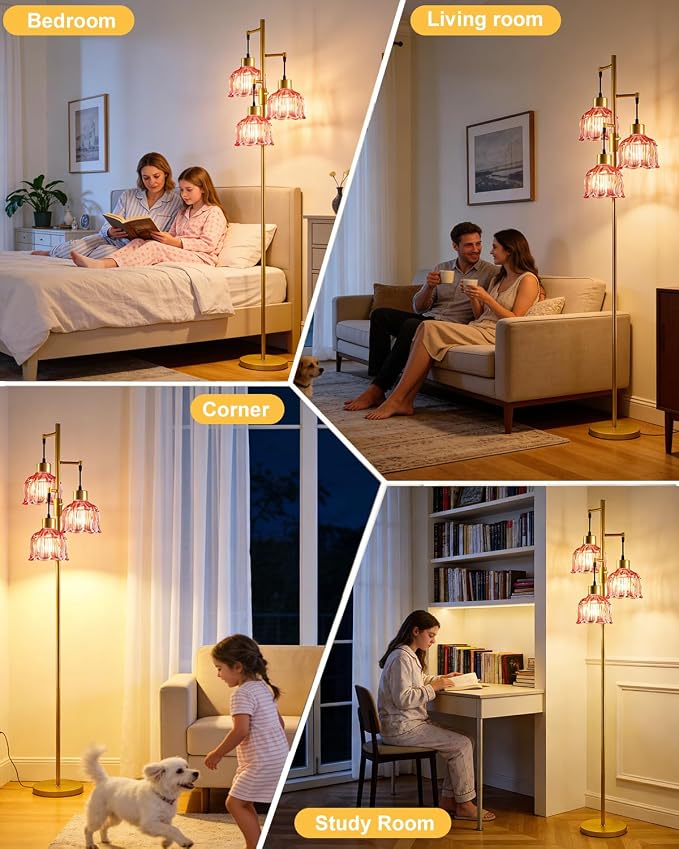 Lightdot 3-Light Flower Floor Lamps, 65'' Dimmable Floor Lamp with Rose Red Glass Shade& Bulbs Included, Mid Century Standing Lamp with 5Lbs Heavy Base for Living Room/Bedroom/Sofa Beside-Gold