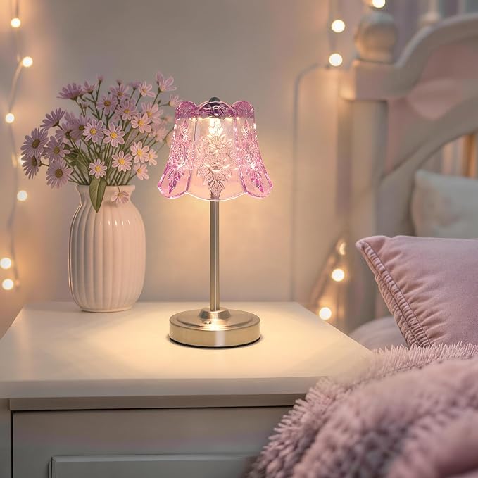 Shenmoyl Cordless Touch Table Lamp with 5200mAh Battery - 3 Adjustable Color Temperatures & Dimmable, Rechargeable Desk Lamp for Bedroom, Living Room, Office, Entryway, Bookshelves (Clear Purple Rose)