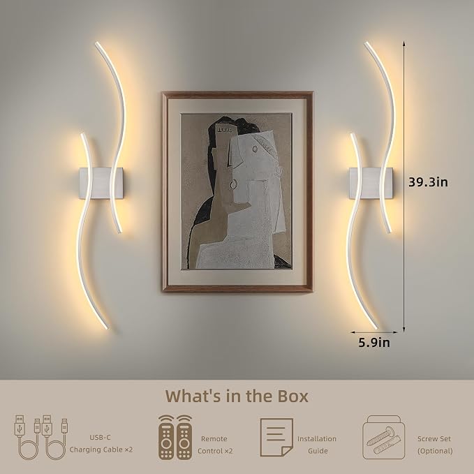 Battery Operated Wall Sconce Set of Two, Dimmable Modern LED Rechargeable Wall Light with Remote Control, Wall Decor for Living Room