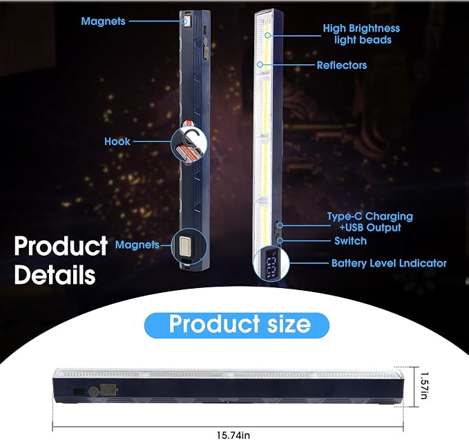 Magnetic Light BAR,15.75-inches Mechanic Light 7500mAh 8000 Lumens | Rechargeable Portable Lamp Built-in 216-LED Bulbs,with Handy Hook with 2 Magnets Endurance