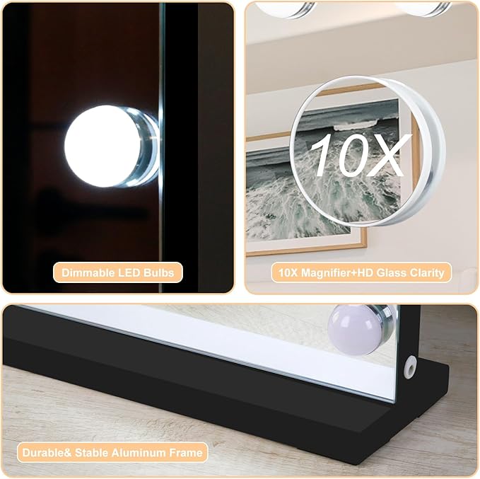Moonee Black Vanity Mirror with Lights, Hollywood Lighted Makeup Mirror with 18 Dimmable Bulbs and 10X Magnification, 3 Colors Modes, Aluminum Metal Frame, Light Up Mirror for Tabletop/Wall(32" x 24")