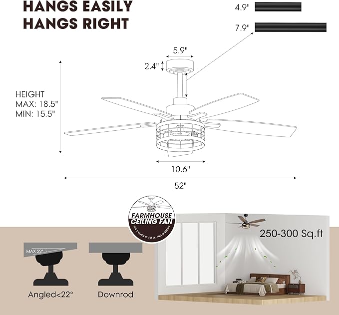52 Inch Ceiling Fans with Lights and Remote & APP Control, Farmhouse Ceiling Fan Lights for Bedroom Living Room and Patio, Black Caged Ceiling Fan for Indoor and Outdoor (No Bulbs)