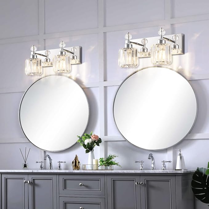 PRESDE Modern Crystal Chrome 2 Light Bathroom Vanity Light for Bathroom Lighting Fixtures Over Mirror Wall Sconce