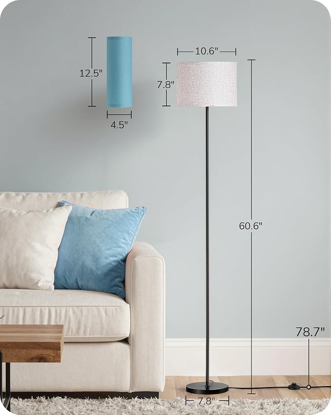 EDISHINE 2 Lampshades Modern Floor Lamps for Living Room Blue | 63.7", Remote Control, Foot Switch, 2700-6000K Dimmable, 9W Bulb Included, Minimalist Standing Lamp for Bedroom, Office
