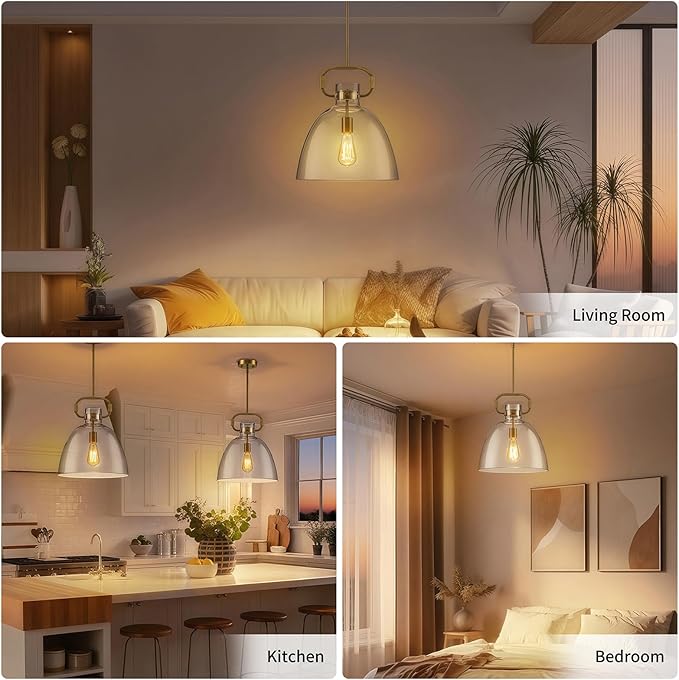 14’’ Large Pendant Lights Kitchen Island, 1-Light Modern Brass Gold Kitchen Island Lighting with Glass Shade, Adjustable Hanging Pendant Light for Dining Room Bedroom Hallway E26