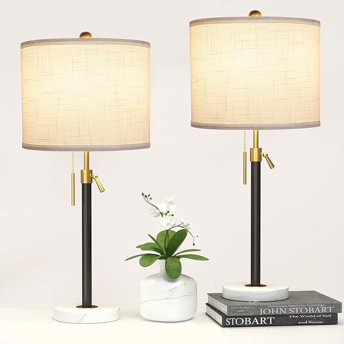 Table Lamps for Bedrooms Set of 2, 22" to 30" Height Adjustable Nightstand Lamps with Linen Shade, Pull Chain Switch Lamps for Living Room, 3 Way Dimmable Bedside Lamp