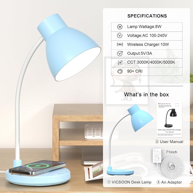 LED Desk Lamp for Home Office with Wireless Charger, Blue | 3 Color Modes Dimmable Eye-Caring Study Reading Dorm Desk Lamp, 360° Flexible Arm Table Lamp for College Dorm Room, 800 Lumen