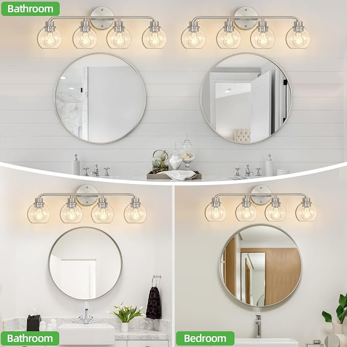 Bathroom Light Fixtures Brushed Nickel Vanity Light Silver 4 Light | Modern Wall Sconces Lighting Bathroom Lights with Glass Shade Bath Wall Lights for Mirror Kitchen Living Room Hallway 27"