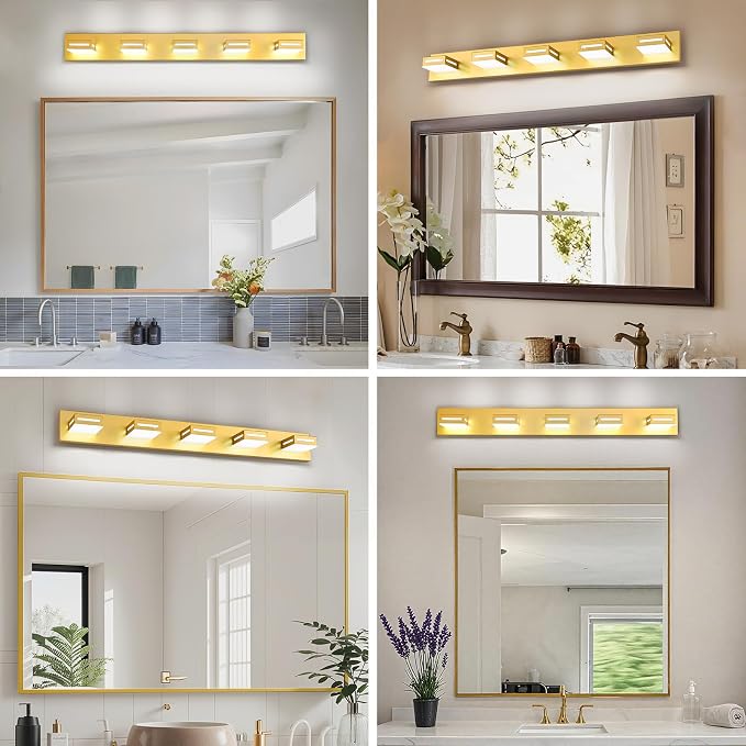 LED Modern Bathroom Light Fixtures, 5-Light 40-Inch Gold Vanity Lights for Bathroom Lighting Fixtures Over Mirror, 6000K Cool White 350° Rotatable Wall Lamp