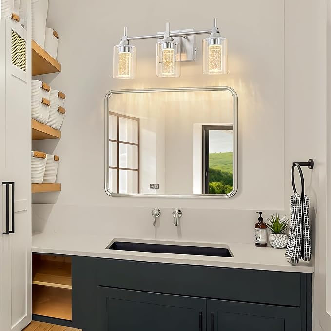 Vanity Light with 3 Color Modes (3000K/4000K/6000K), Eye Protection LED Bathroom Light Fixture, Dimmable Modern Wall Light Over Mirror with Clear Glass Shade (Brushed Nickel, 3-Light)