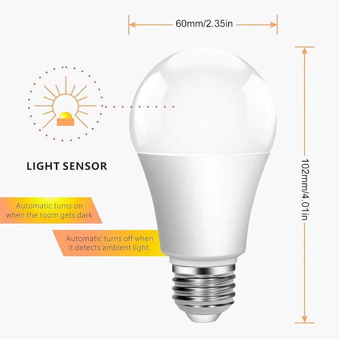 Boxlood Dusk to Dawn Light Bulb,Build in Light Sensor Detector,9W(60W Equivalent),A19 Photocell Sensor Bulb,No Timer Required,3000K Warm White,for Indoor or Outdoor Use,Boundary,Garage,Patio,2-Pack