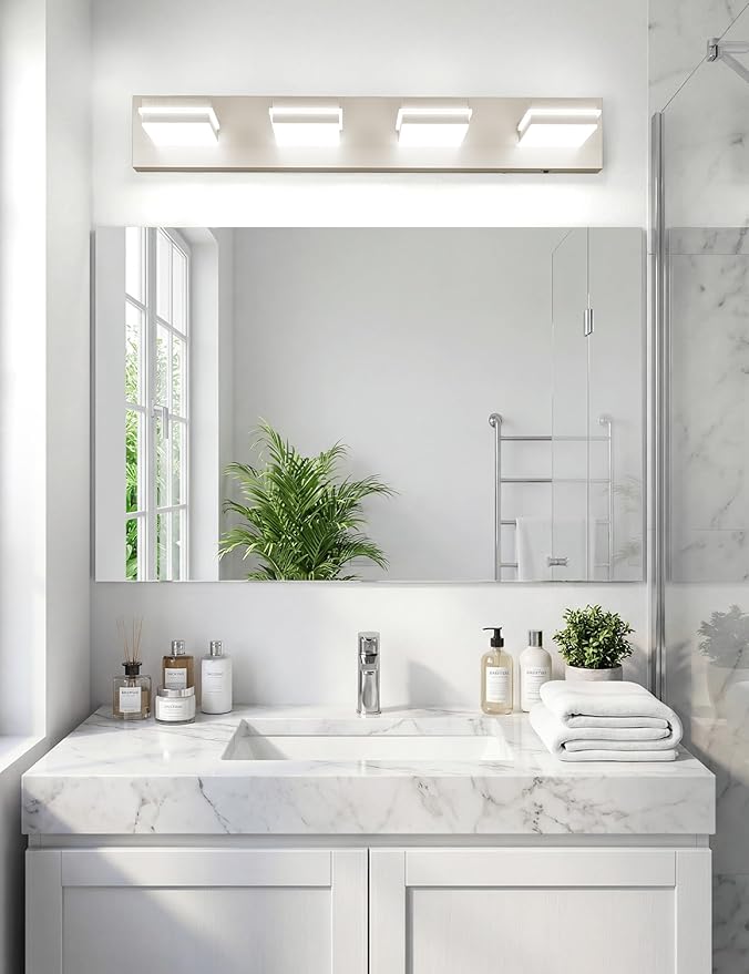 VOLISUN Modern Bathroom Vanity Light Fixtures (4-Light, 30-Inch), Brushed Nickel LED Bathroom Light Fixtures Over Mirror, 360°Rotatable Head, LED Vanity Lights for Bathroom (Cool White 6000K)