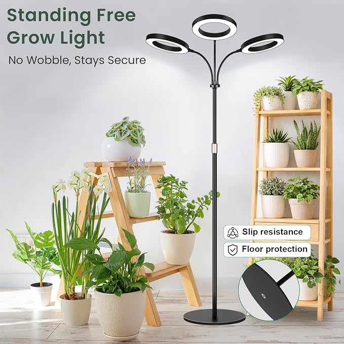 LBW 3-Head Grow Light with Stand for Indoor Plants, Full Spectrum Grow Light for Tall Large Plants, Adjustable Height up to 68", Auto Cycle Timer 6/8/12/16H, 5-Level Dimming, 3 Lighting Modes, Black