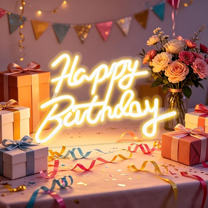 FARNY Happy Birthday Neon Sign for Wall Decor, LED Happy Birthday Light Up Sign, Dimmable LED Birthday Neon Light for Birthday Party Decorations Backdrop,Warm White 16.5"x 12"
