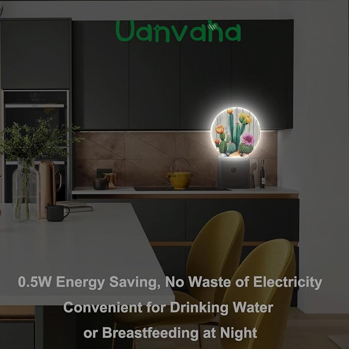 Cactus Night Light Tropical Cacti Desert Green Plant with Flowers on Wooden Blank Night Lights Plug into Wall Auto on/Off LED Lighting for Home Hallway Stairway Kitchen