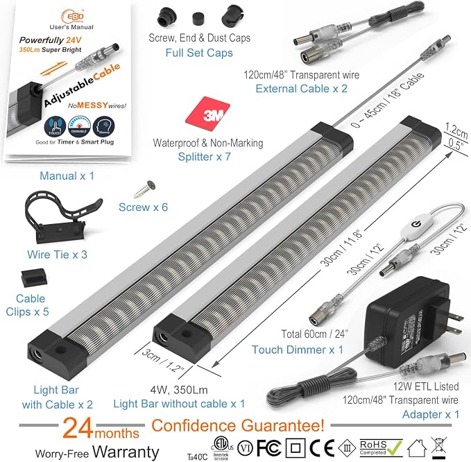 EBD Under Cabinet Lighting Plug in 3 Pcs 12 Inch, Dimmable No Messy Wires Built-in Adjustable Cable LED Light Bar 6500K 1350LM for Kitchen Home Office, Memory for Smart Plug, 2 Pcs Extension Cables