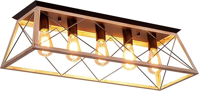 31.5" Large Flush Mount Ceiling Light Fixture, X-Shaped Metal Cage Design, Dimmable 5-Light Close to Ceiling, Farmhouse & Vintage Industrial Style, for Dining Room, Kitchen Island, Living Room