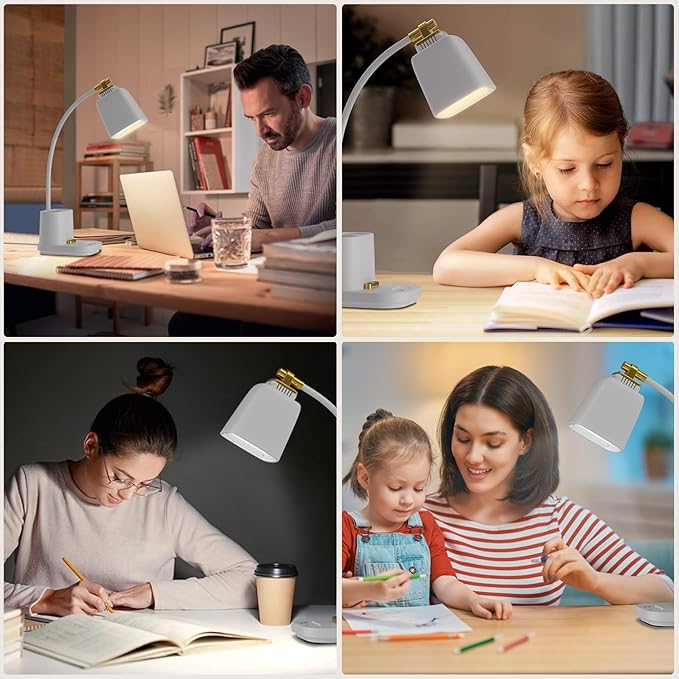 Desk Lamp with USB Charging Port & Pen Holder, LED Desk Light for Home Office, Touch Dimmable, Ideal for Study, Reading, and Work (White)