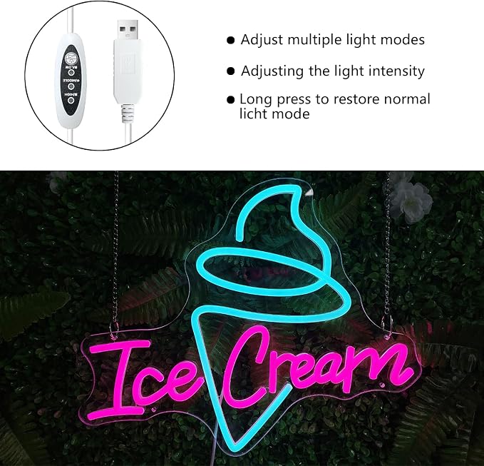 Ice Cream Neon Sign USB Dimmable Letter Light for Store Cafe Shop Decor | Adjustable Brightness Ice Cream Light Up Sign for Business Office Bedroom Restaurant Drink Shop Wall Decoration