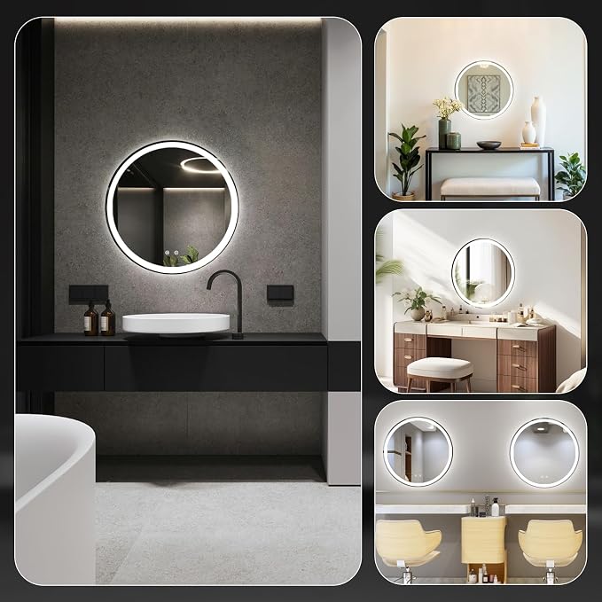 Sweetcrispy 24 Inch Round LED Mirror for Bathroom with Lights, Circle Vanity Mirror with Anti-Fog, Dimmable, 3-Color Light, Memory Function, Tempered Glass