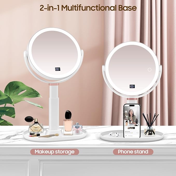 Makeup Magnifying Mirror with Light 30X/1X, Digital Display, 2-Sided Touch Control, Makeup Mirror with 3 Color Lights,360° Rotate, Height Adjustable Lighted Magnifying Mirrors for Desk Travel