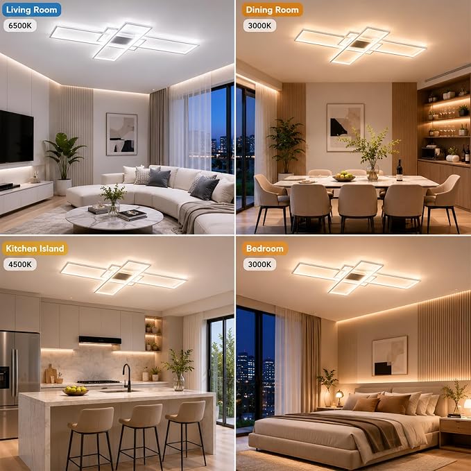 GEADI 60.2" Extra Large Modern LED Ceiling Light, Dimmable Chandelier | 112W White Geometric Flush Mount Ceiling Lamp with Remote, 3000K-6500K Dimming, Memory, Chandelier for Living Room