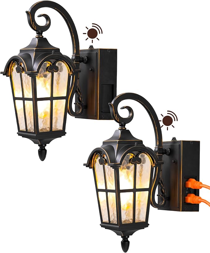 EDISHINE Dusk to Dawn Outdoor Wall Lights 2-Pack GFCI Outlet Black | Water Ripple Glass, E26 Socket, Anti-Rust Aluminum & Weatherproof, Exterior Light Fixture for Front Door, Patio, Garage
